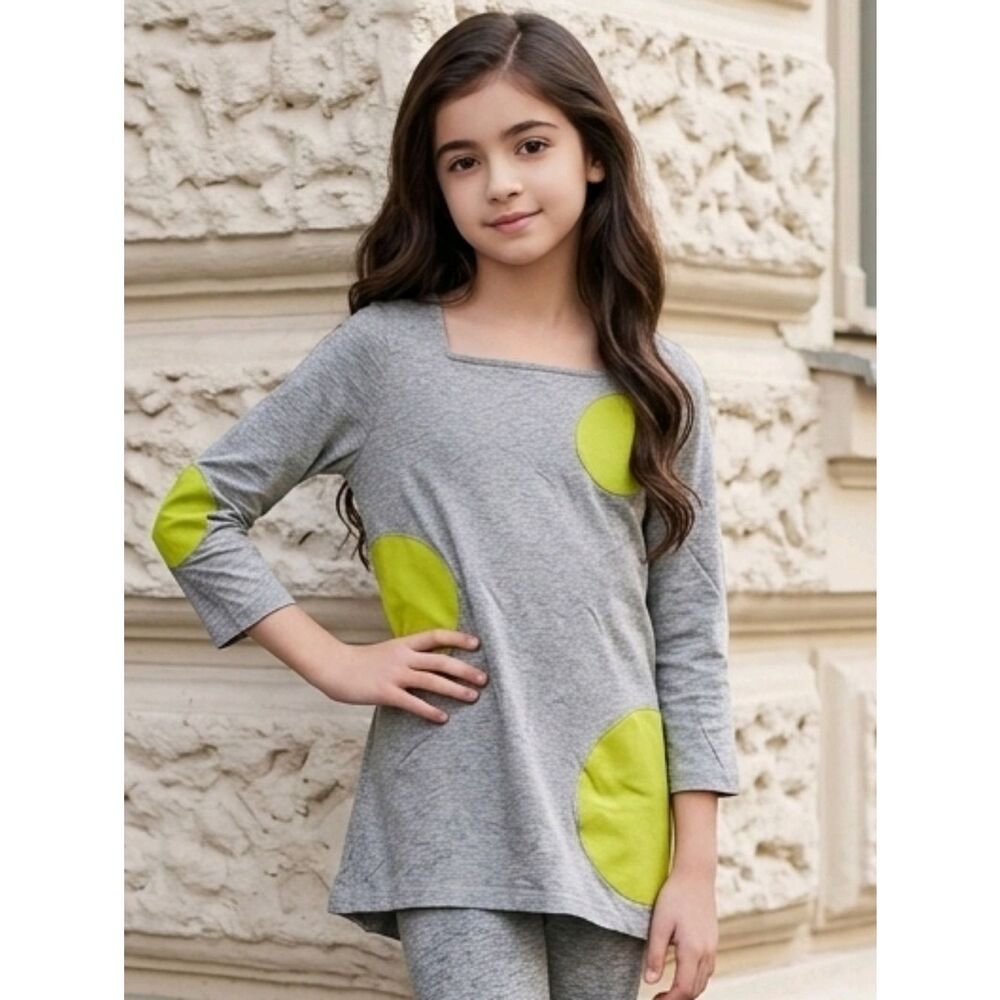 Land's End Girls Gray & Lime Green Dots Tunic Top Small 7/8 Long Sleeve Knit